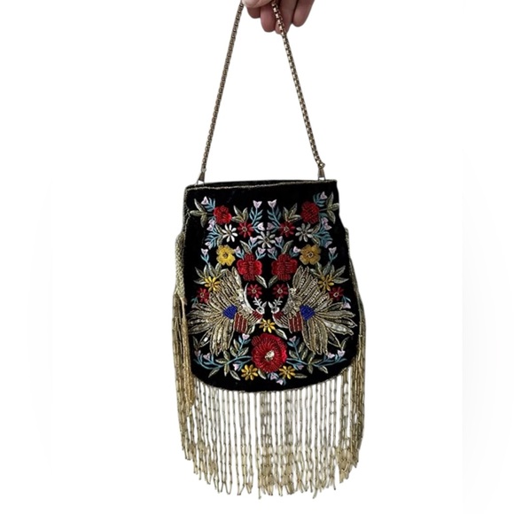 Ramla Handbags - Ramla Embroidered Beaded Velvet Pouch.New Without Tag